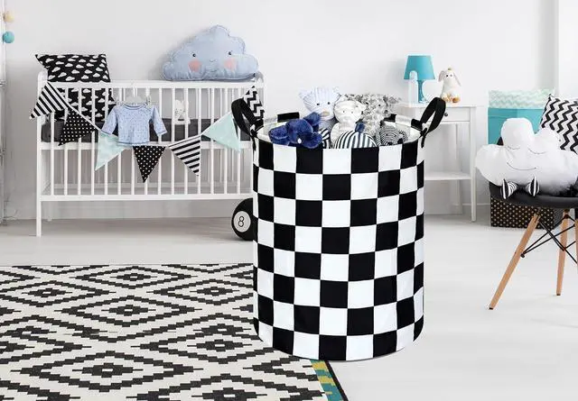 Alt view image 2 of 7 - Black And White Checkered Basket Kids Hamper Car Room Decor For Boys | Foldable Clothes Storage Bin Waterproof Canvas Toy Bins Gift Baskets For Bedroom Kids Laundry Basket With Handles Racing Flag