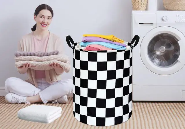 Alt view image 3 of 7 - Black And White Checkered Basket Kids Hamper Car Room Decor For Boys | Foldable Clothes Storage Bin Waterproof Canvas Toy Bins Gift Baskets For Bedroom Kids Laundry Basket With Handles Racing Flag