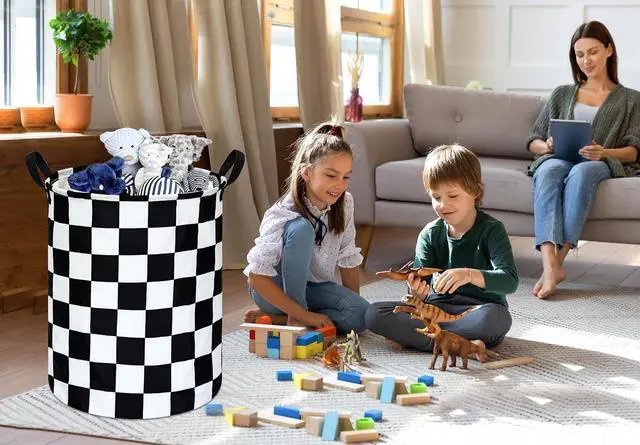 Alt view image 4 of 7 - Black And White Checkered Basket Kids Hamper Car Room Decor For Boys | Foldable Clothes Storage Bin Waterproof Canvas Toy Bins Gift Baskets For Bedroom Kids Laundry Basket With Handles Racing Flag