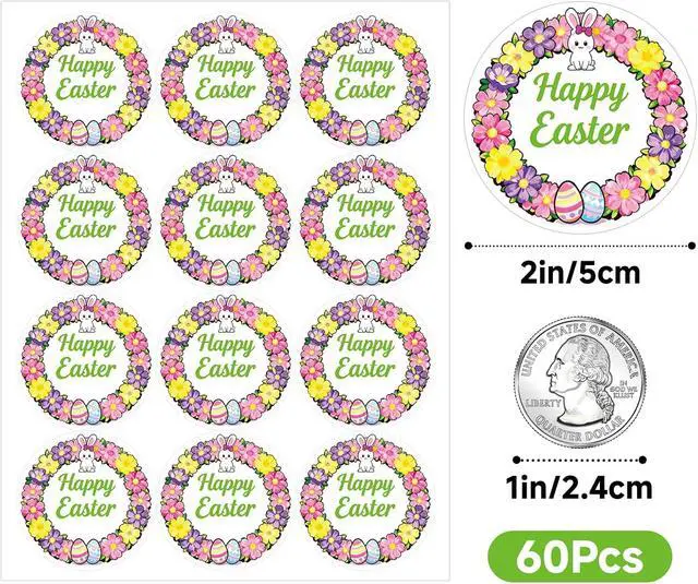 Alt view image 2 of 7 - Anwyll Easter Gift Stickers - Happy Easter Sticker 60Pcs 2Inch Easters Egg Bunny Rabbit Sticker Self Adhesive Easters Envelope Seals Labels Stickers for Basket Card Goodie Treat Bag Party Decoration