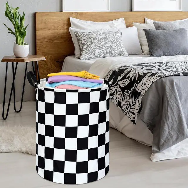 Alt view image 5 of 7 - Black And White Checkered Basket Kids Hamper Car Room Decor For Boys | Foldable Clothes Storage Bin Waterproof Canvas Toy Bins Gift Baskets For Bedroom Kids Laundry Basket With Handles Racing Flag