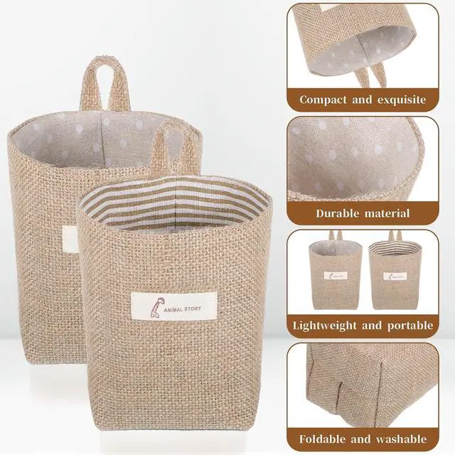 Alt view image 3 of 7 - 2 Pack Hanging Basket for Door, Small Jute Wall Storage, Hanging Storage Bags Cotton Linen Boho Camper Decor for Keys, Flower Plants, Wallet