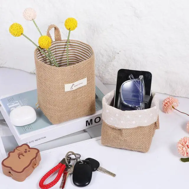 Alt view image 4 of 7 - 2 Pack Hanging Basket for Door, Small Jute Wall Storage, Hanging Storage Bags Cotton Linen Boho Camper Decor for Keys, Flower Plants, Wallet