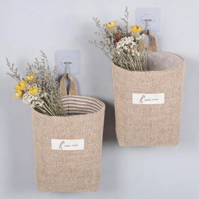 Alt view image 5 of 7 - 2 Pack Hanging Basket for Door, Small Jute Wall Storage, Hanging Storage Bags Cotton Linen Boho Camper Decor for Keys, Flower Plants, Wallet