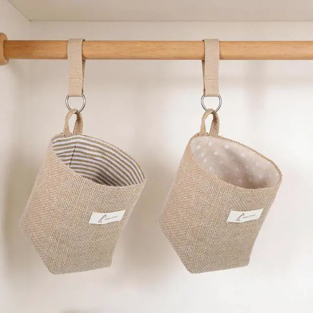 Alt view image 7 of 7 - 2 Pack Hanging Basket for Door, Small Jute Wall Storage, Hanging Storage Bags Cotton Linen Boho Camper Decor for Keys, Flower Plants, Wallet