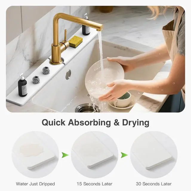 Alt view image 3 of 7 - Premium Stone Faucet Mat for Kitchen Sink, 30" x 4" White | Quick Drying & Water Absorbent, Sink Splash Guard Tray for Prevents Moisture Buildup