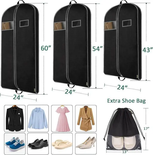 Alt view image 2 of 6 - BALEINE 1PK Garment Bags for Hanging Clothes, 43" Suit Bag for Travel | Breathable Material, Wrinkle-Free Storage, Extra Shoe Bag Included, Dust Protection, Clear ID Window, Multiple Size Options