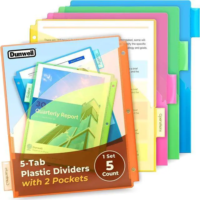 Main image of Dunwell 5-Tab Pocket Dividers for 3-Ring Binders, 2 Pockets, Multicolor | 5 Insertable Tabs, 2 Storage Pockets, Fits Standard 3-Ring Binders, Assorted Colors