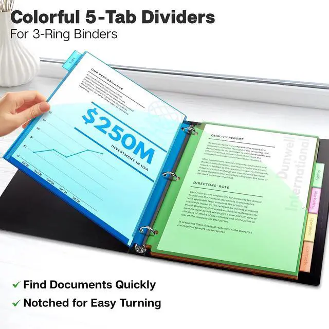 Alt view image 2 of 7 - Dunwell 5-Tab Pocket Dividers for 3-Ring Binders, 2 Pockets, Multicolor | 5 Insertable Tabs, 2 Storage Pockets, Fits Standard 3-Ring Binders, Assorted Colors