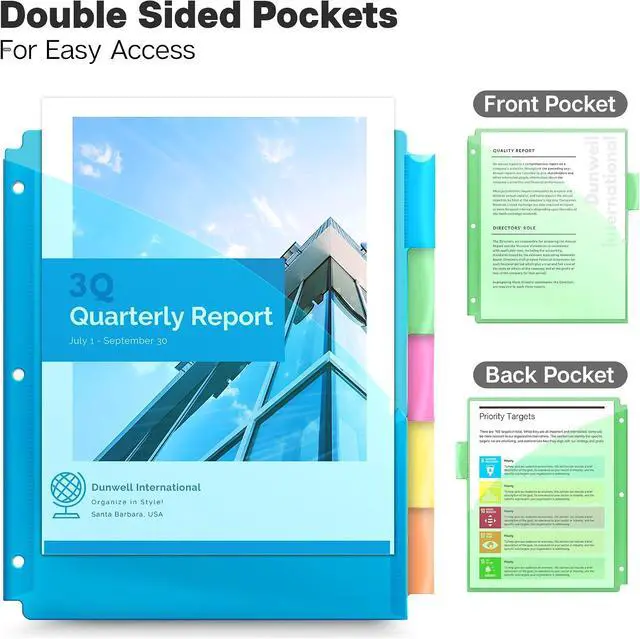 Alt view image 4 of 7 - Dunwell 5-Tab Pocket Dividers for 3-Ring Binders, 2 Pockets, Multicolor | 5 Insertable Tabs, 2 Storage Pockets, Fits Standard 3-Ring Binders, Assorted Colors