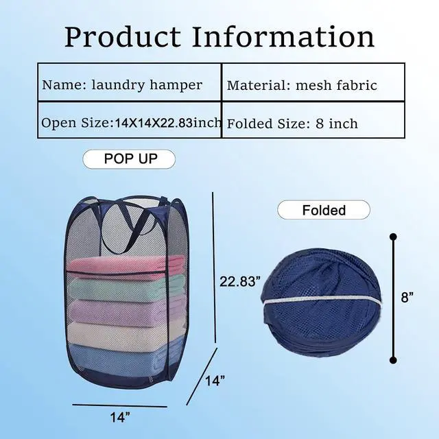 Alt view image 5 of 7 - Foldable Clothes Basket Mesh Pop Up Laundry Hamper for Apartment, RV | 2Pack Collapsible Laundry Baskets Wide Opening, Large Side Pocket, Breathable, Space-Saving Blue Portable Storage Laundry Bag