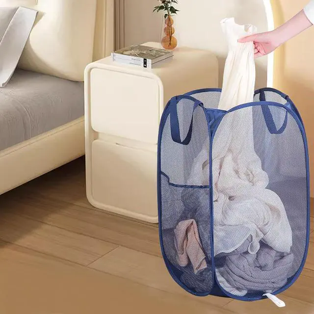 Alt view image 6 of 7 - Foldable Clothes Basket Mesh Pop Up Laundry Hamper for Apartment, RV | 2Pack Collapsible Laundry Baskets Wide Opening, Large Side Pocket, Breathable, Space-Saving Blue Portable Storage Laundry Bag
