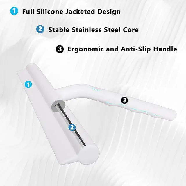 Alt view image 3 of 7 - Shower Squeegee for Glass Doors, Full Silicone Jacketed Squeegee with Ergonomic Handle & No-Drill Hook, Cleaning Tool for Windows, Mirrors, Tiles, Bathroom & Car - White