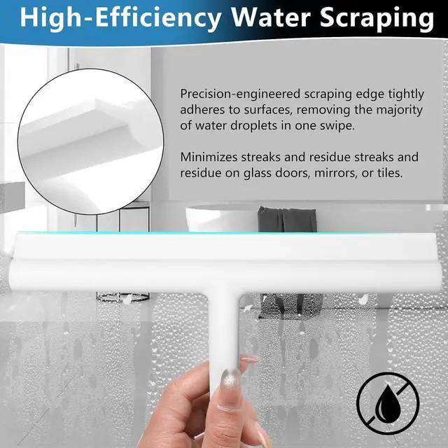 Alt view image 4 of 7 - Shower Squeegee for Glass Doors, Full Silicone Jacketed Squeegee with Ergonomic Handle & No-Drill Hook, Cleaning Tool for Windows, Mirrors, Tiles, Bathroom & Car - White