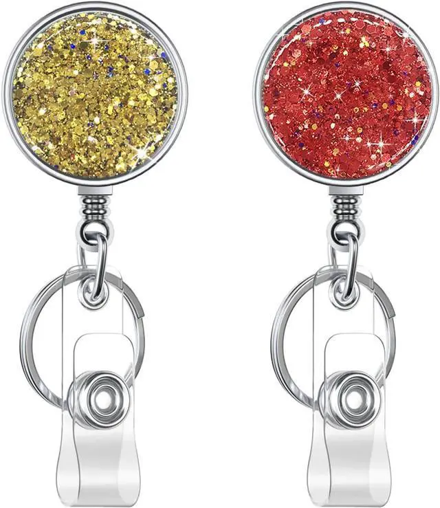 Main image of Boutilon Retractable Badge Holder, Retractable Badge Reels,Lightweight Plastic Badge Reel Card Holder with Key Ring Backing Belt Clip for Nurse,Volunteer,Teacher,Student(2 Pack Golden Red)
