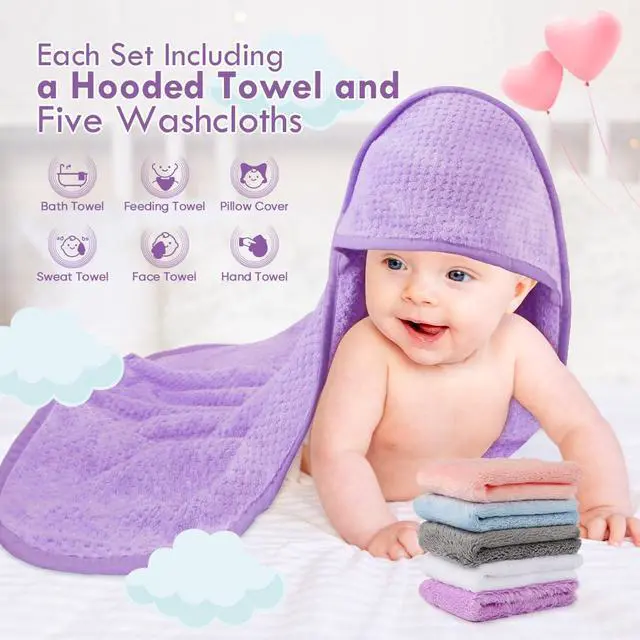 Alt view image 3 of 6 - Orighty Baby Hooded Towel with Five Washcloths, 28 x 28 Inch Super Soft Bath Towel with Hood for Babies, Infant, Newborn Essential - Ideal Baby Stuff Registry for Boys and Girls (Purple)