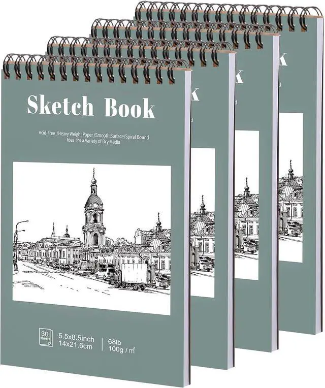 Main image of 4 Pack Small Sketch Books, 5.5 × 8.5 in, Spiral Bound, 30 Sheets | 100gsm Acid-Free Paper, Hardcover Backing, Lays Flat, for Beginners, Artists & Back To School Gifts