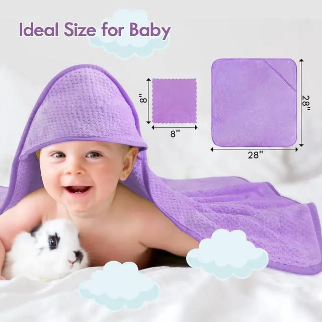 Alt view image 5 of 6 - Orighty Baby Hooded Towel with Five Washcloths, 28 x 28 Inch Super Soft Bath Towel with Hood for Babies, Infant, Newborn Essential - Ideal Baby Stuff Registry for Boys and Girls (Purple)