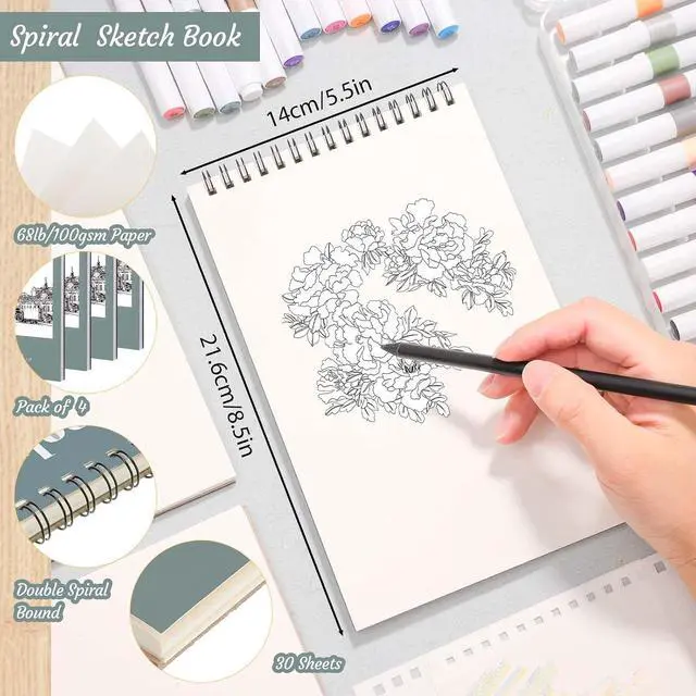 Alt view image 2 of 7 - 4 Pack Small Sketch Books, 5.5 × 8.5 in, Spiral Bound, 30 Sheets | 100gsm Acid-Free Paper, Hardcover Backing, Lays Flat, for Beginners, Artists & Back To School Gifts