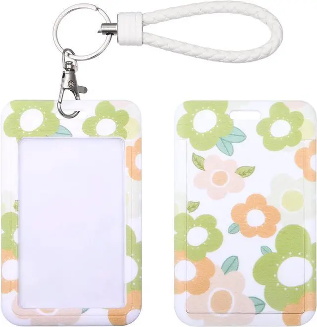 Main image of ID Card Badge Holder Key Chain with Metal Keyring, Plastic Slide Open with ID Window for Women Men Girls Students,Flowers