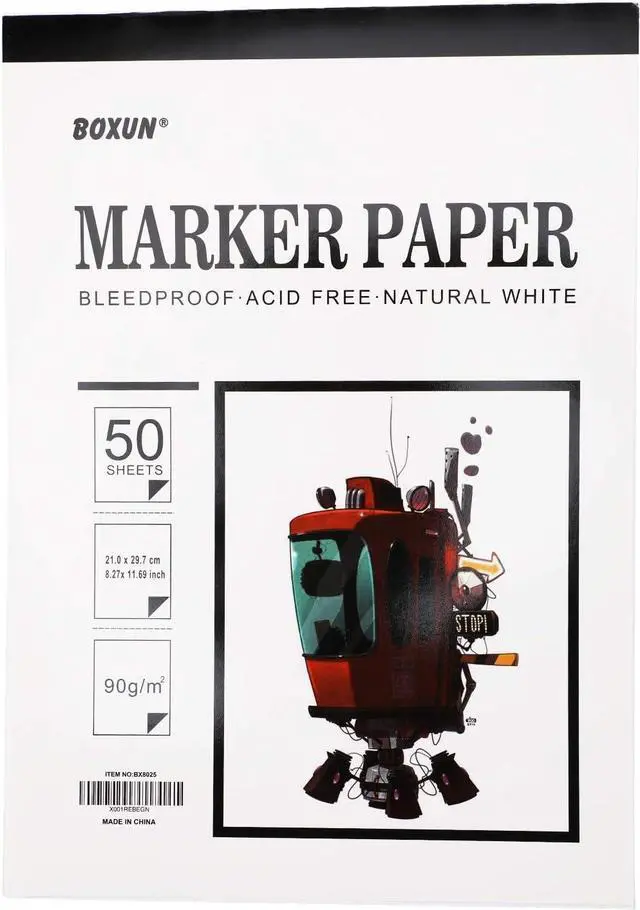 Main image of BOXUN Premium 50 Sheets Sketch Marker Paper Pad, Bleedproof Artist Drawing Paper, 8.27 x 11.69 Inch