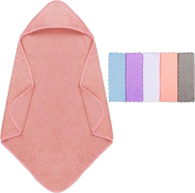 Main image of Orighty Baby Hooded Towel with Five Washcloths, 28 x 28 Inch Super Soft Bath Towel with Hood for Babies, Infant, Newborn Essential - Ideal Baby Stuff Registry for Boys and Girls (Pink)