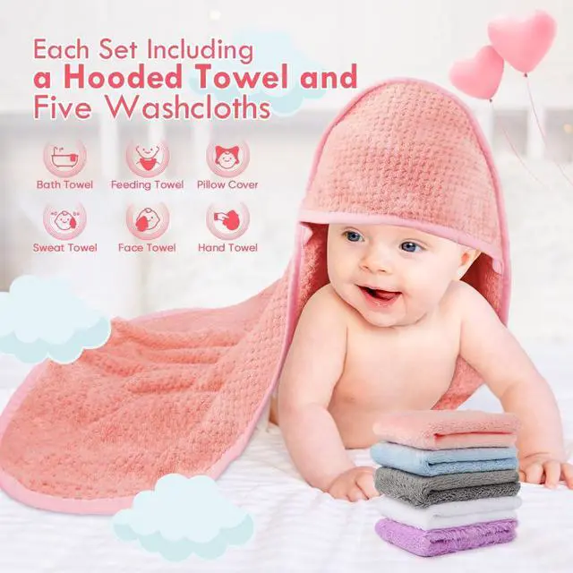 Alt view image 3 of 6 - Orighty Baby Hooded Towel with Five Washcloths, 28 x 28 Inch Super Soft Bath Towel with Hood for Babies, Infant, Newborn Essential - Ideal Baby Stuff Registry for Boys and Girls (Pink)