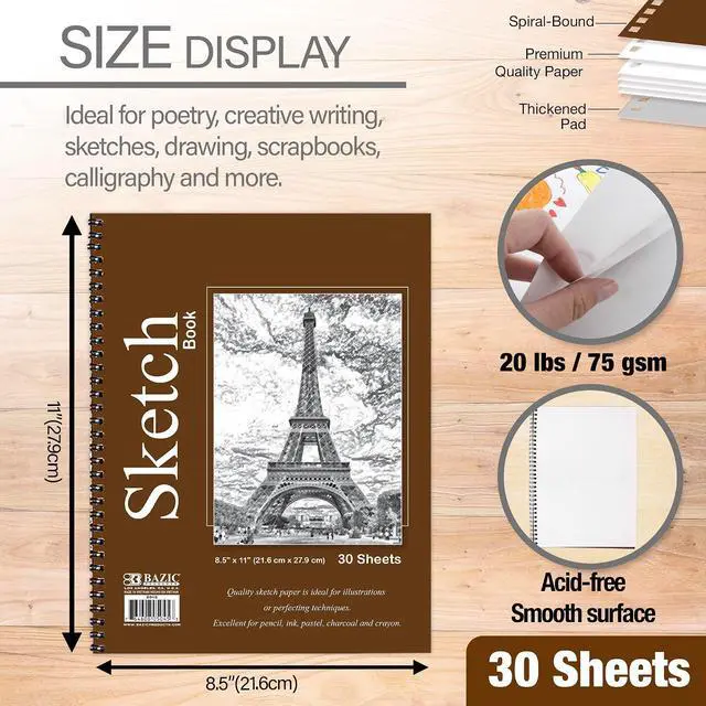 Alt view image 2 of 5 - BAZIC Products Spiral Sketch Book, Side Bound, 8.5 x 11 in, 30 Sheets | 30-sheet spiral sketch book, Smooth drawing paper for sketching, Shading, For school and craft projects