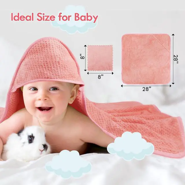 Alt view image 5 of 6 - Orighty Baby Hooded Towel with Five Washcloths, 28 x 28 Inch Super Soft Bath Towel with Hood for Babies, Infant, Newborn Essential - Ideal Baby Stuff Registry for Boys and Girls (Pink)