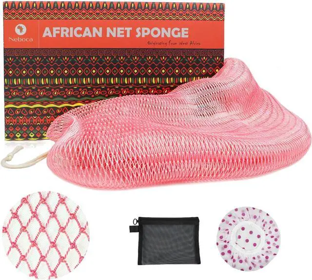 Main image of African Net Sponge Authentic African Exfoliating Net Sponge with Knots Real Sapo Sponge with Handles Afro Scrub Net Bath Cloth for Shower (Pink)