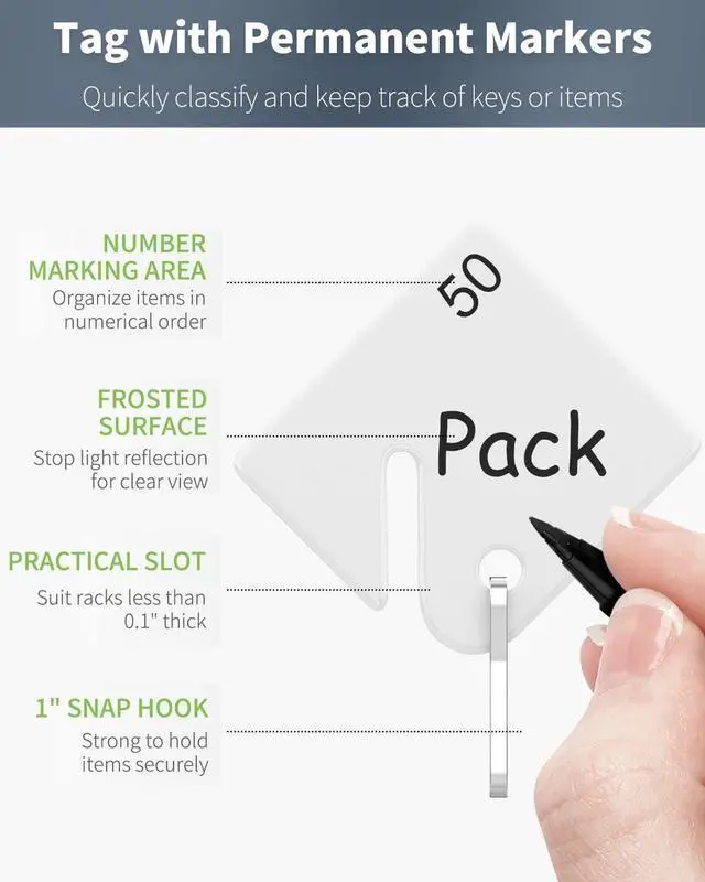 Alt view image 2 of 7 - Uniclife 50 Pcs Rack Key Tags 1.5 Inch Slotted Plastic Tags with Metal Snap Hooks White Square Hanging Tags for Key Cabinets Boxes Lockers Sturdy Frosted Item Identifiers for Home Offices and Garages