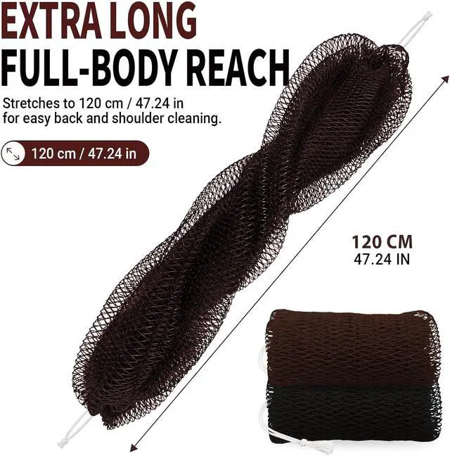 Alt view image 2 of 7 - African Net Sponge Authentic, 2Pcs Shower Exfoliating Bath Sponge | 47-Inch Shower Loofah Exfoliating Net Wash Cloth for Body and Back, Quick-Dry Durable Knotted Mesh Scrubber(Black+Brown)