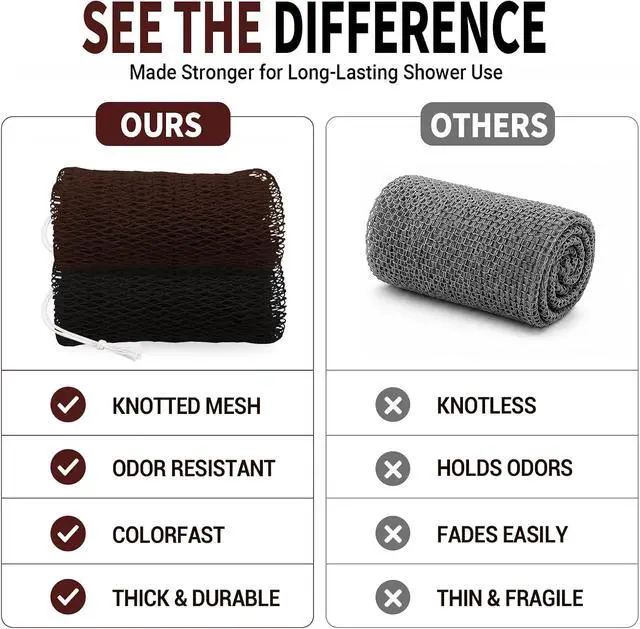 Alt view image 3 of 7 - African Net Sponge Authentic, 2Pcs Shower Exfoliating Bath Sponge | 47-Inch Shower Loofah Exfoliating Net Wash Cloth for Body and Back, Quick-Dry Durable Knotted Mesh Scrubber(Black+Brown)