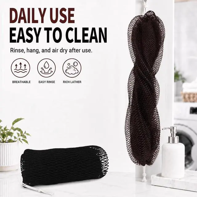 Alt view image 4 of 7 - African Net Sponge Authentic, 2Pcs Shower Exfoliating Bath Sponge | 47-Inch Shower Loofah Exfoliating Net Wash Cloth for Body and Back, Quick-Dry Durable Knotted Mesh Scrubber(Black+Brown)