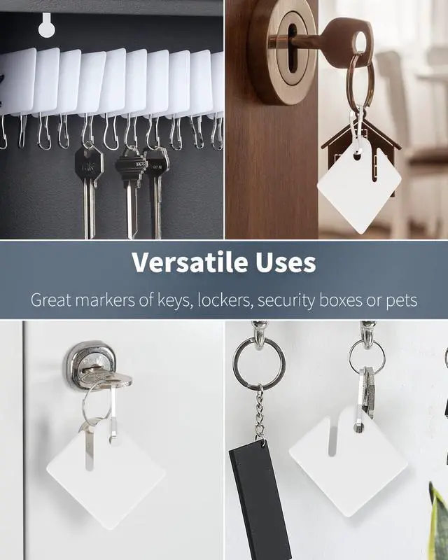 Alt view image 5 of 7 - Uniclife 50 Pcs Rack Key Tags 1.5 Inch Slotted Plastic Tags with Metal Snap Hooks White Square Hanging Tags for Key Cabinets Boxes Lockers Sturdy Frosted Item Identifiers for Home Offices and Garages