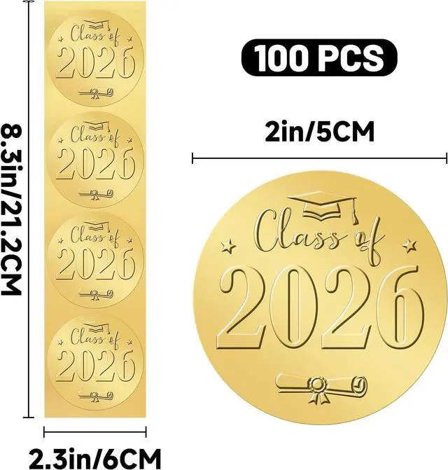 Alt view image 2 of 7 - Graduation Stickers 2 Inch Embossed Graduation Cap and Diplomas Sticker | 100Pcs Class of 2026 Gold Foil for Envelopes Seals Graduation Announcement Party Favor(Class of 2026)