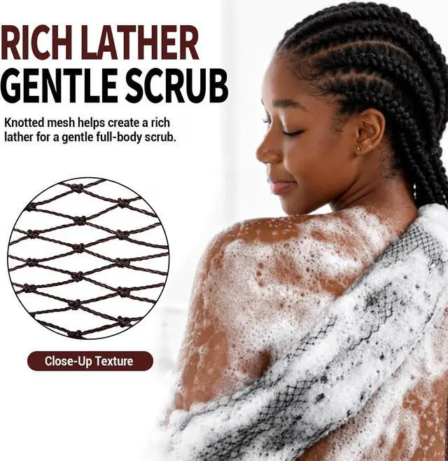 Alt view image 6 of 7 - African Net Sponge Authentic, 2Pcs Shower Exfoliating Bath Sponge | 47-Inch Shower Loofah Exfoliating Net Wash Cloth for Body and Back, Quick-Dry Durable Knotted Mesh Scrubber(Black+Brown)