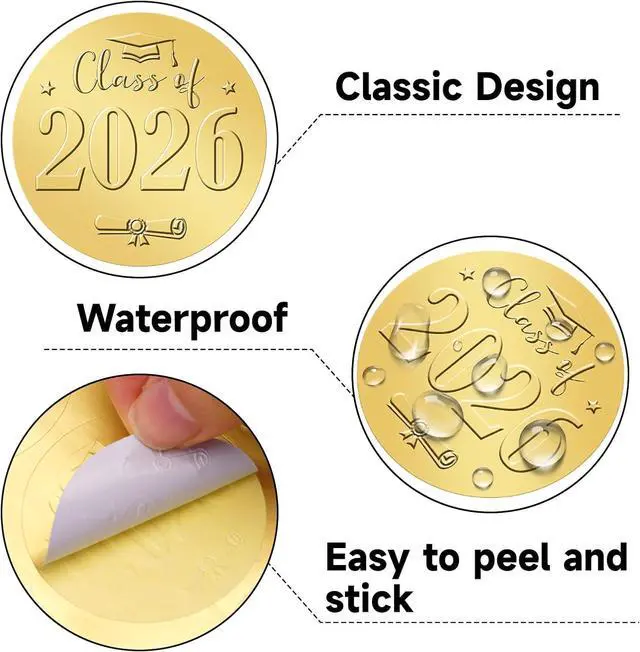 Alt view image 3 of 7 - Graduation Stickers 2 Inch Embossed Graduation Cap and Diplomas Sticker | 100Pcs Class of 2026 Gold Foil for Envelopes Seals Graduation Announcement Party Favor(Class of 2026)
