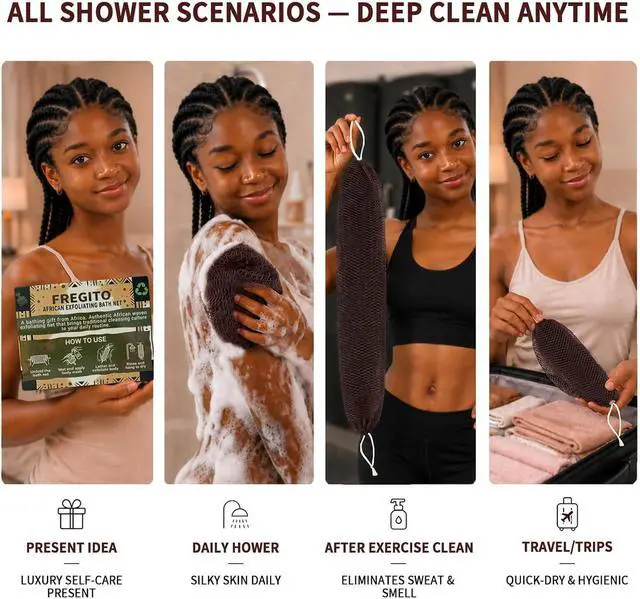Alt view image 7 of 7 - African Net Sponge Authentic, 2Pcs Shower Exfoliating Bath Sponge | 47-Inch Shower Loofah Exfoliating Net Wash Cloth for Body and Back, Quick-Dry Durable Knotted Mesh Scrubber(Black+Brown)