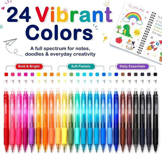 Alt view image 2 of 7 - Erasable Gel Pens, 24 Assorted Colors, 0.7mm Fine Point Retractable Gel Ink Pens with Erasers, Smooth Writing Multicolor Pens for Journaling, Note Taking, Planning, Drawing and Art Projects