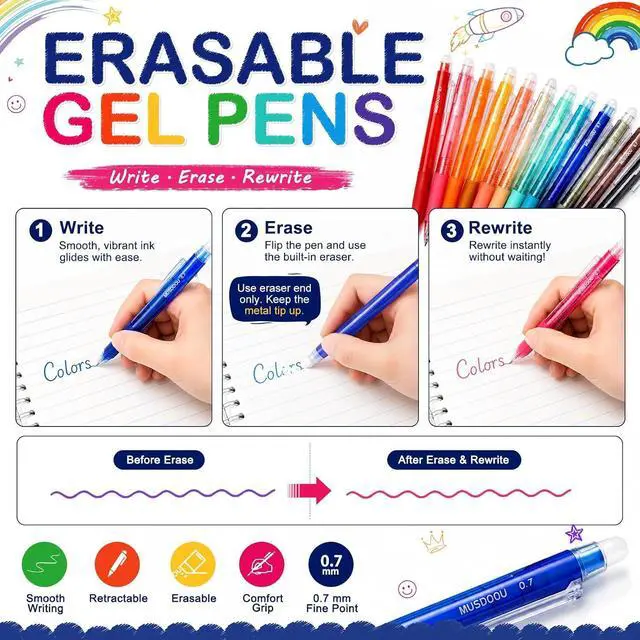 Alt view image 3 of 7 - Erasable Gel Pens, 24 Assorted Colors, 0.7mm Fine Point Retractable Gel Ink Pens with Erasers, Smooth Writing Multicolor Pens for Journaling, Note Taking, Planning, Drawing and Art Projects
