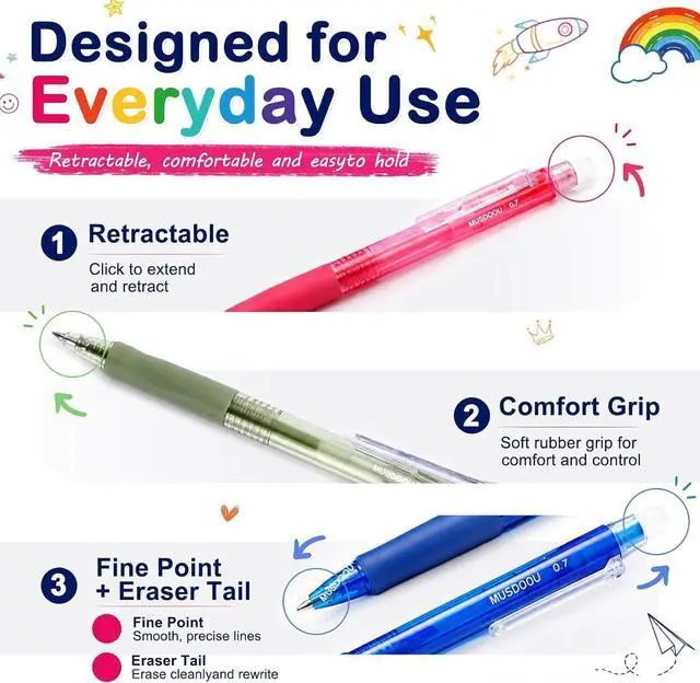 Alt view image 4 of 7 - Erasable Gel Pens, 24 Assorted Colors, 0.7mm Fine Point Retractable Gel Ink Pens with Erasers, Smooth Writing Multicolor Pens for Journaling, Note Taking, Planning, Drawing and Art Projects