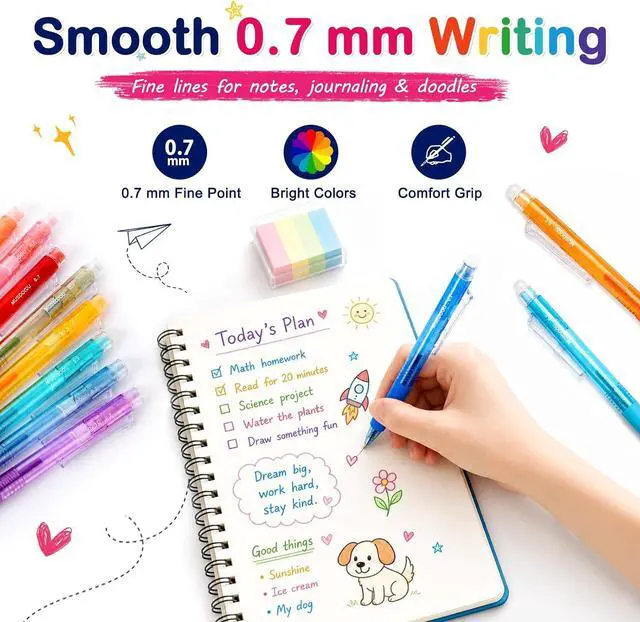 Alt view image 6 of 7 - Erasable Gel Pens, 24 Assorted Colors, 0.7mm Fine Point Retractable Gel Ink Pens with Erasers, Smooth Writing Multicolor Pens for Journaling, Note Taking, Planning, Drawing and Art Projects