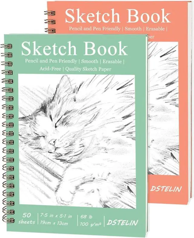 Main image of DSTELIN 2 Pack Hardcover Sketchbooks (100 GSM Sketch Paper), 7.5x5.1 Inch Spiral Sketch Book for Sketching, Drawing, Painting, 50 Sheets per Pack, Pink and Green