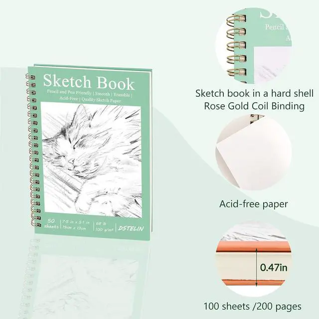 Alt view image 3 of 6 - DSTELIN 2 Pack Hardcover Sketchbooks (100 GSM Sketch Paper), 7.5x5.1 Inch Spiral Sketch Book for Sketching, Drawing, Painting, 50 Sheets per Pack, Pink and Green