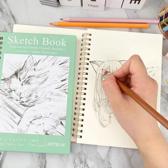 Alt view image 4 of 6 - DSTELIN 2 Pack Hardcover Sketchbooks (100 GSM Sketch Paper), 7.5x5.1 Inch Spiral Sketch Book for Sketching, Drawing, Painting, 50 Sheets per Pack, Pink and Green