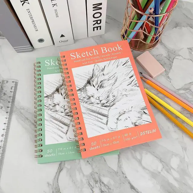 Alt view image 5 of 6 - DSTELIN 2 Pack Hardcover Sketchbooks (100 GSM Sketch Paper), 7.5x5.1 Inch Spiral Sketch Book for Sketching, Drawing, Painting, 50 Sheets per Pack, Pink and Green