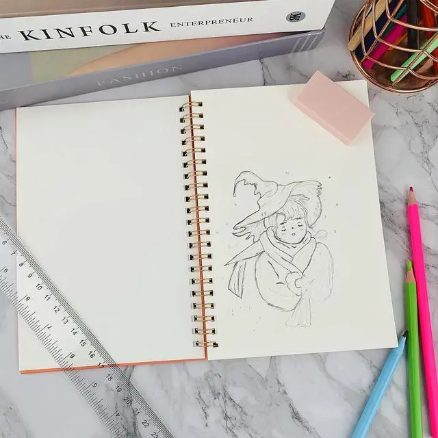 Alt view image 6 of 6 - DSTELIN 2 Pack Hardcover Sketchbooks (100 GSM Sketch Paper), 7.5x5.1 Inch Spiral Sketch Book for Sketching, Drawing, Painting, 50 Sheets per Pack, Pink and Green