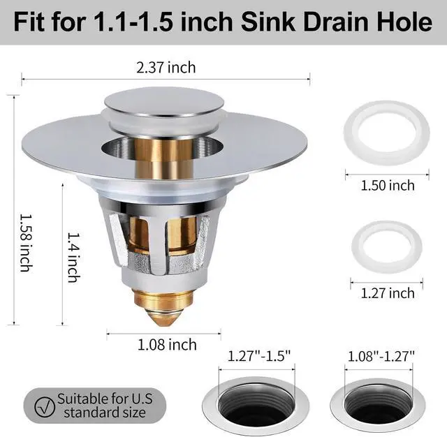 Alt view image 2 of 7 - All Brass Metal Sink Stopper with Hair Catcher | Universal Bathroom Drain Strainer | Anti Clog Filter Basket, Polished Chrome, Fit for 1.08-1.5 Inch Sink Drain Hole