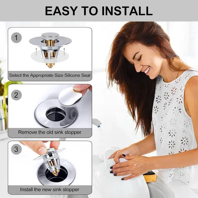 Alt view image 3 of 7 - All Brass Metal Sink Stopper with Hair Catcher | Universal Bathroom Drain Strainer | Anti Clog Filter Basket, Polished Chrome, Fit for 1.08-1.5 Inch Sink Drain Hole